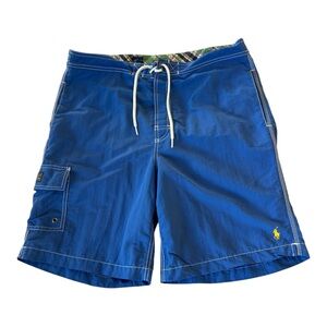 Polo Ralph Lauren Swim Trunks Sz Medium Blue Yellow Pony Pockets Beach 9" Inseam